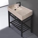 Scarabeo 5115-E-CON2-BLK Modern Beige Travertine Design Ceramic Console Sink and Matte Black Base